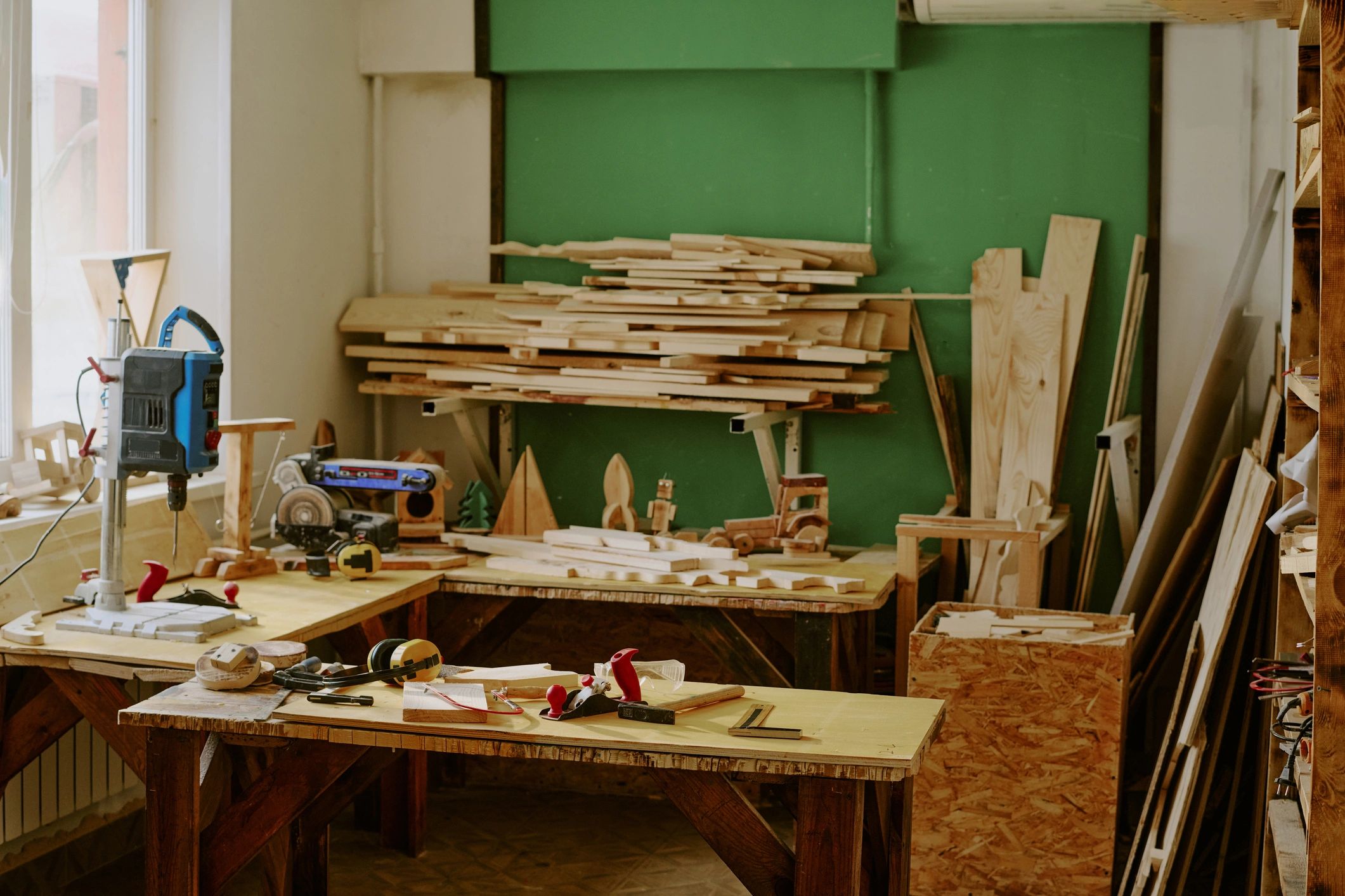 Workshop with woodworking tools and lumber showing craftsmanship
